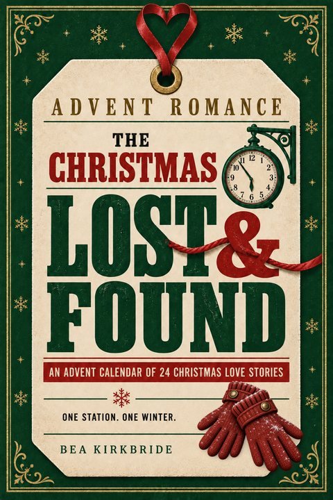 Cover of The Christmas Lost & Found by Bea Kirkbride: a luggage tag tied with a red ribbon, a station clock and a pair of red gloves.