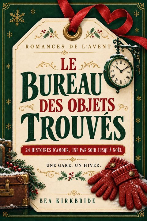 Couverture du livre Le Bureau des objets trouvés, de Bea Kirkbride : une étiquette à bagages nouée d'un ruban rouge, une horloge de gare et des gants rouges.